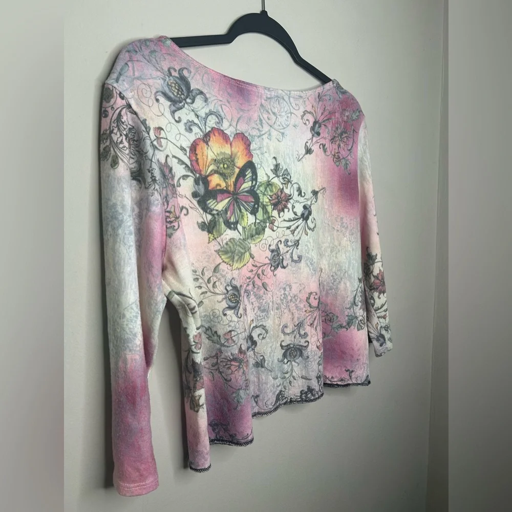 Vintage Y2K Butterfly Flower Rhinestone Bling 3/4 Sleeve Pink Notations Top L